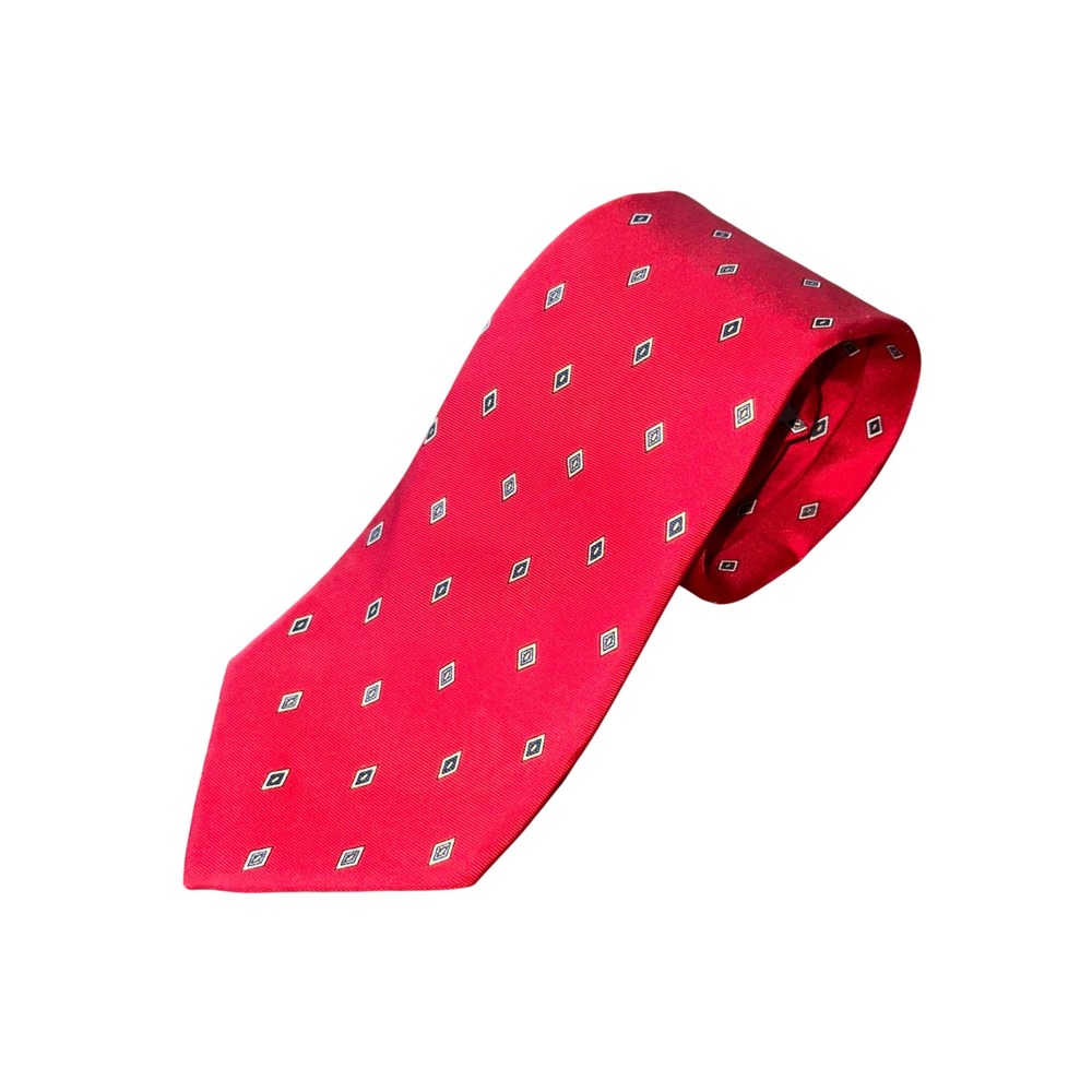 Christian Dior Silk Tie Red Geometric Diamond Pattern Vintage Made in USA